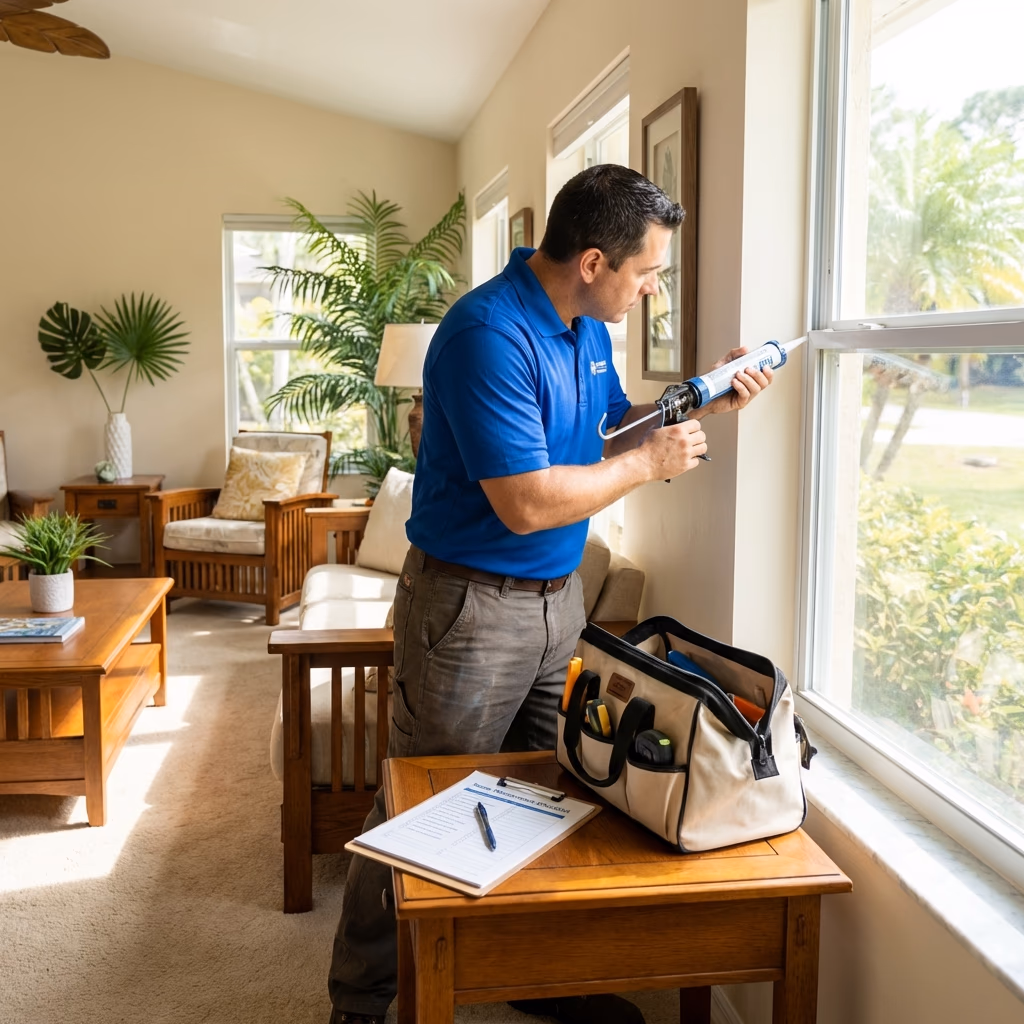 Professional handyman recaulking a window frame during a routine home maintenance visit
